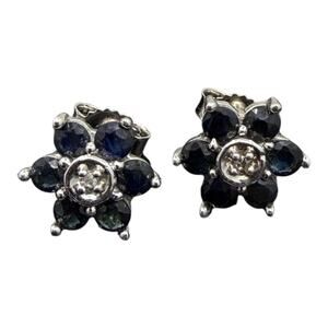 Genuine Blue Sapphire Diamond Flower Stud Earrings 14k White Gold 10k Backs NEW